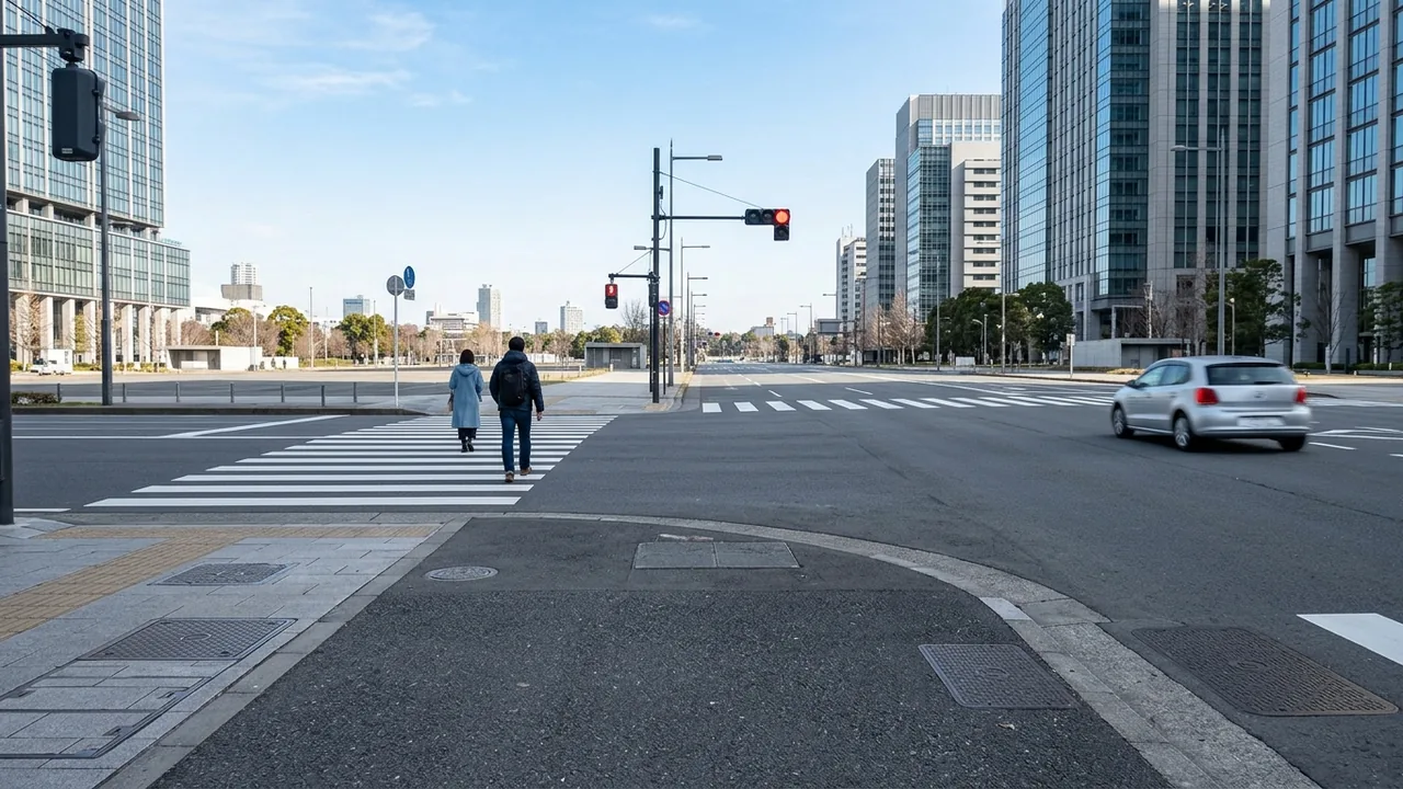 A wide city crosswalk between modern glass towers with pedestrians and a passing car.