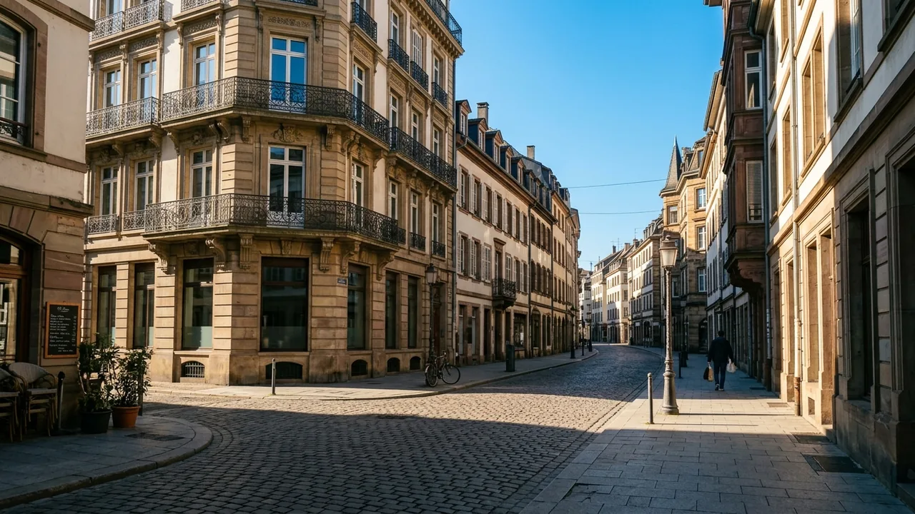 A sunlit cobblestone street lined with ornate sandstone buildings and balconies.