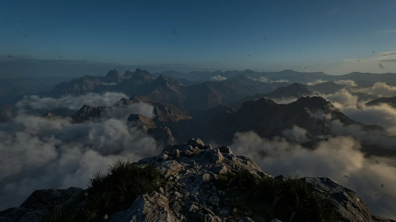 A rocky mountain summit overlooking dark peaks rising through clouds.