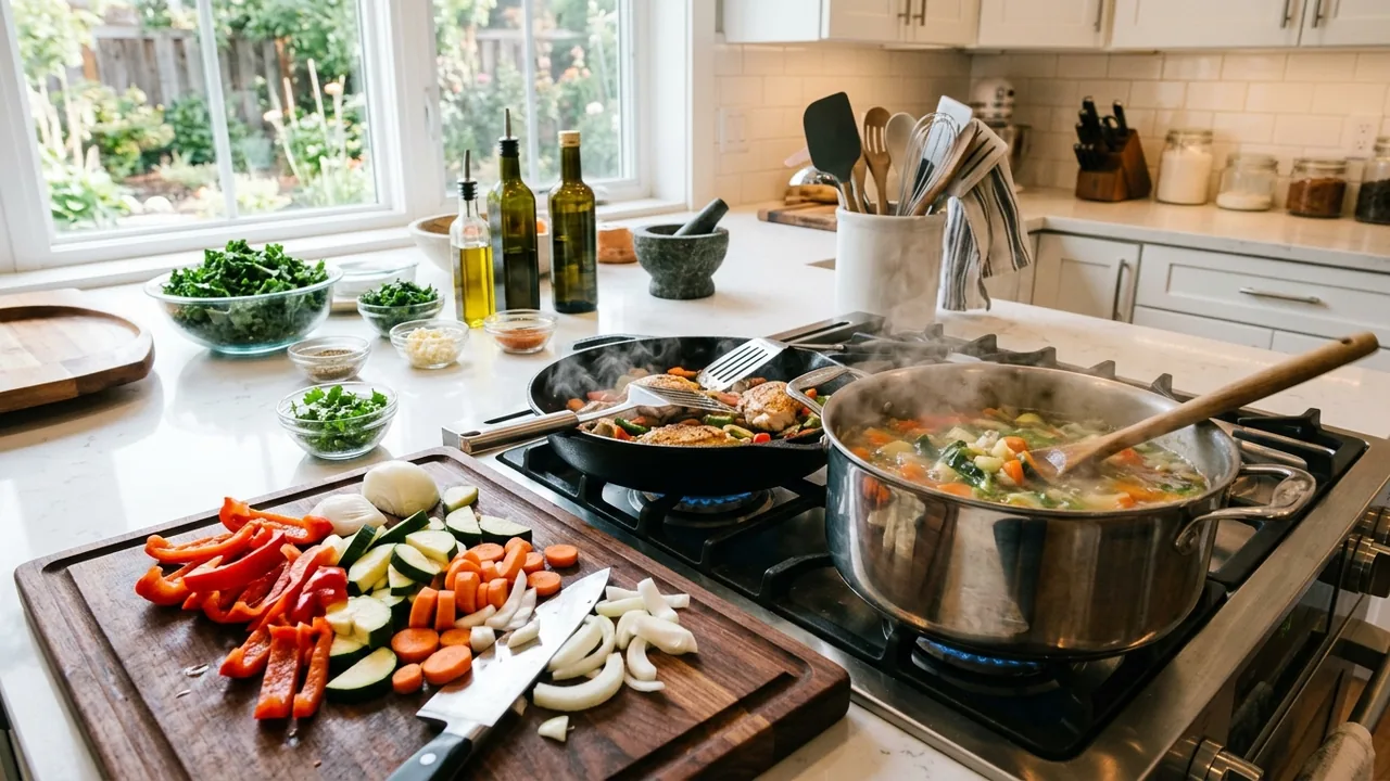 Vegetables, pans, and a steaming soup pot arranged in a bright home kitchen.