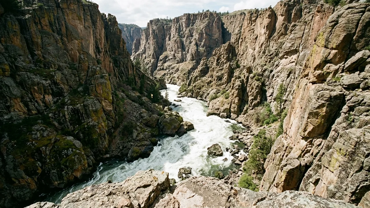 A foaming whitewater river rushing between steep sunlit canyon walls.